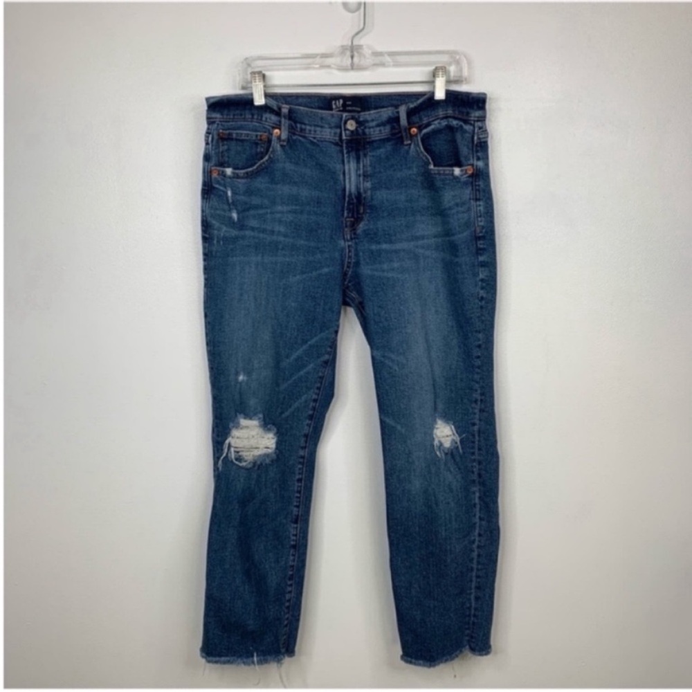 GAP Women's Boyfriend Jeans - Dark Blue with Distressed Knees